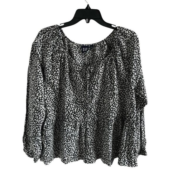 GAP Women's Tie Front Peplum Top Long Sleeve Black White Animal Print Sz Large - Picture 2 of 9